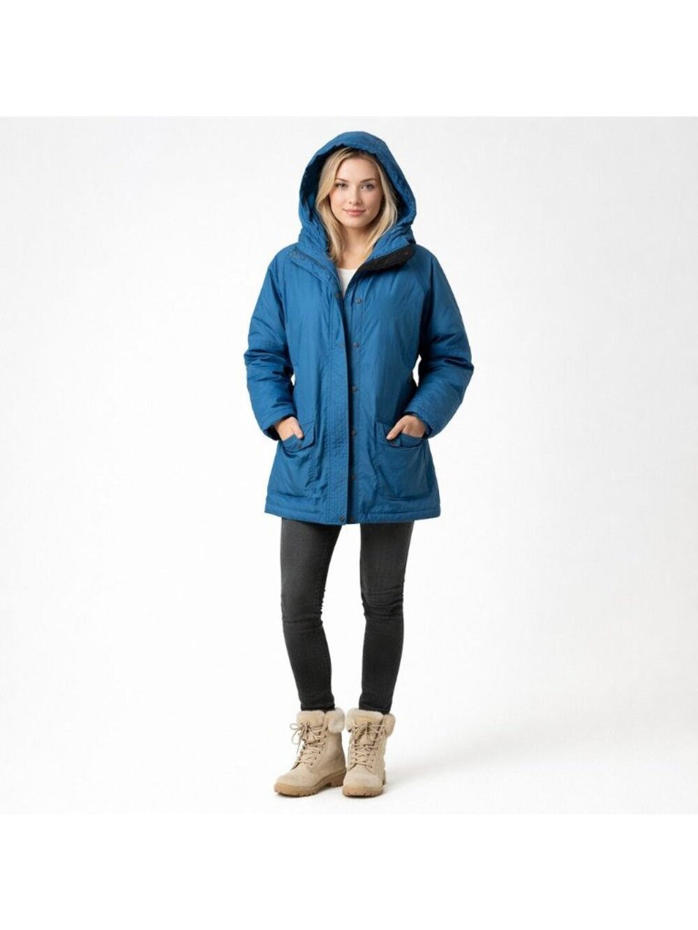 L L Bean Winter Coat Quilted Womens M Zippered Pockets Drawstring Hood Blue EUC